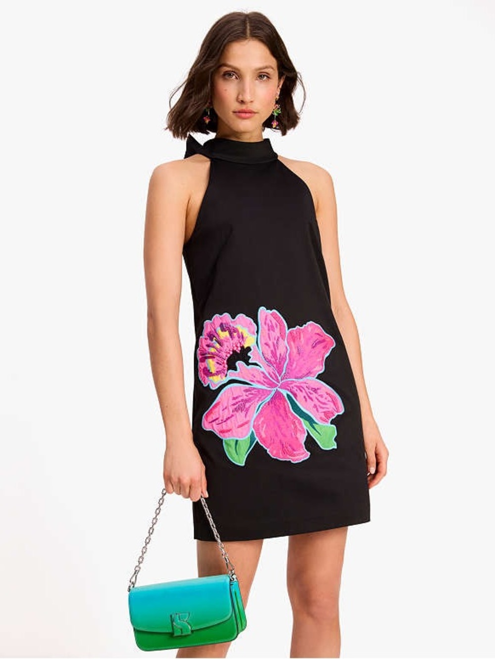 NWT KATE SPADE NEW YORK FLORAL APPLIQUE HALTER SHIFT DRESS WITH BOW SIZE 12
